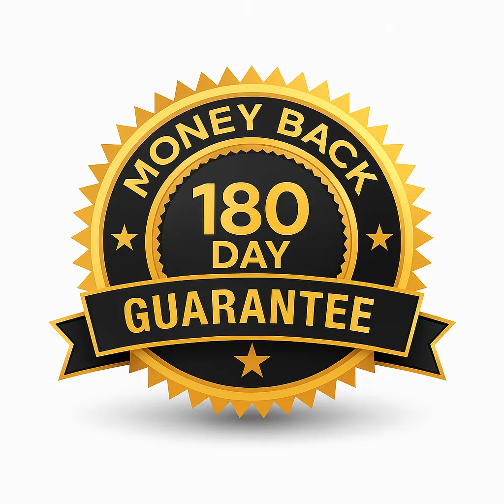 Gold seal highlighting NerveCalm's 180-day money-back guarantee on a white background